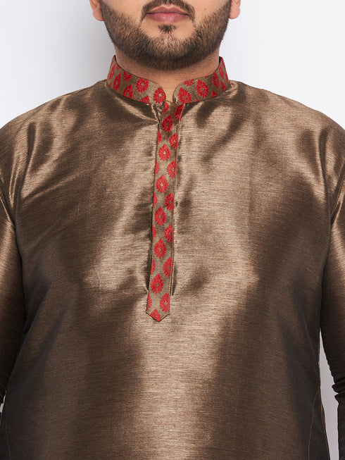 Vastramay Men's Plus Size Maroon Silk Blend Curved Kurta And Dhoti Set