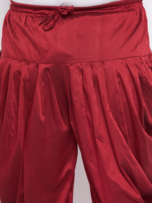 Vastramay Men's Plus Size Maroon Silk Blend Curved Kurta And Dhoti Set