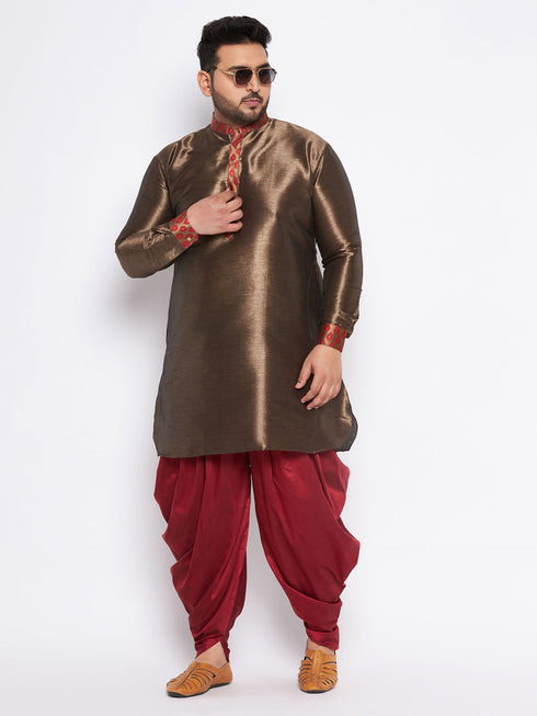 Vastramay Men's Plus Size Maroon Silk Blend Curved Kurta And Dhoti Set