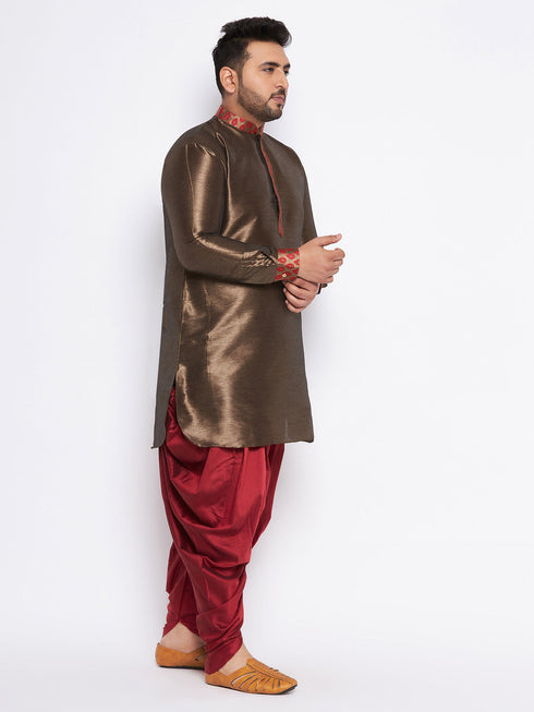 Vastramay Men's Plus Size Maroon Silk Blend Curved Kurta And Dhoti Set