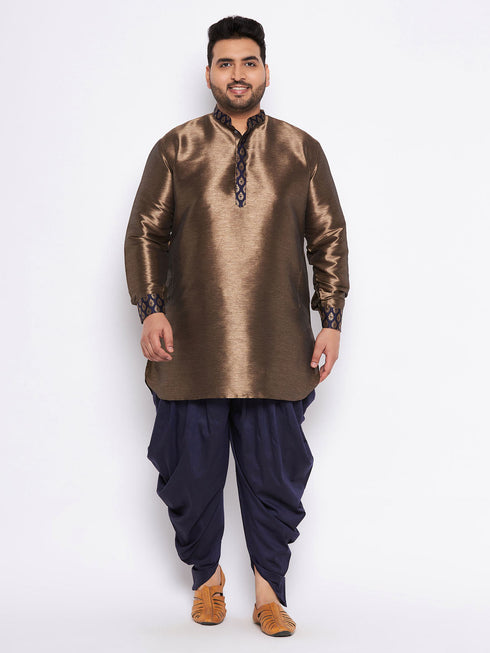Vastramay Men's Plus Size Navy Blue Silk Blend Curved Kurta And Dhoti Set