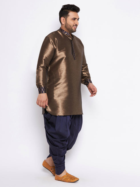 Vastramay Men's Plus Size Navy Blue Silk Blend Curved Kurta And Dhoti Set