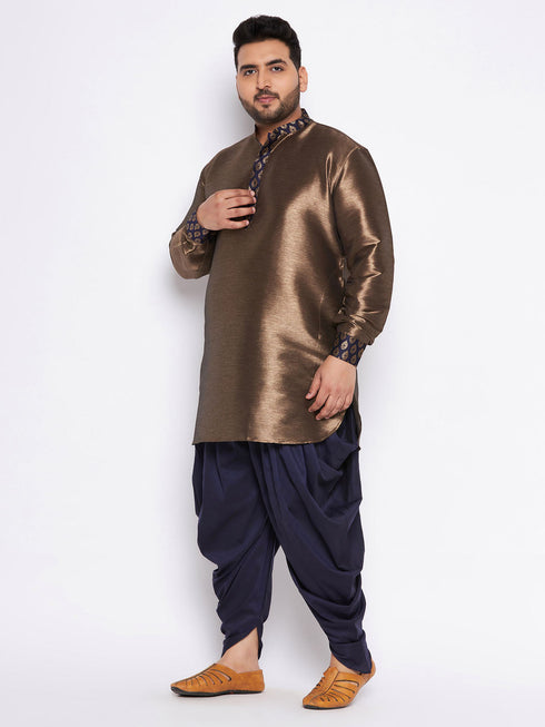 Vastramay Men's Plus Size Navy Blue Silk Blend Curved Kurta And Dhoti Set