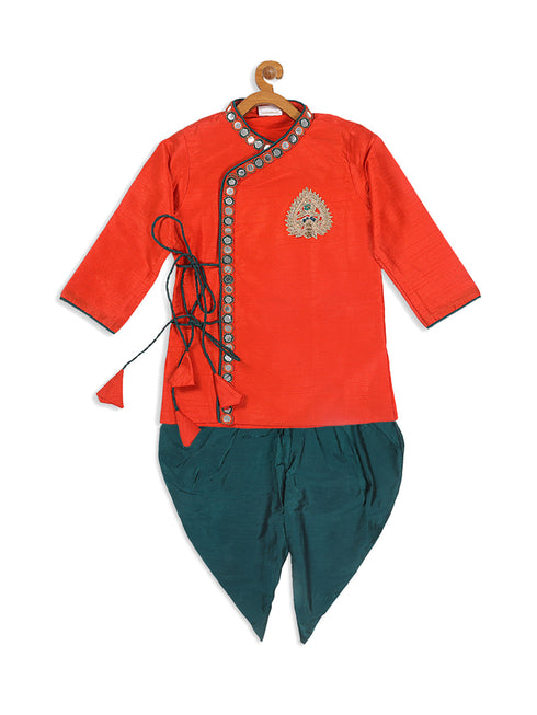 Vastramay SISHU Boys Orange Embroidered Angrakha Mirror Work Kurta With Dhoti Pants
