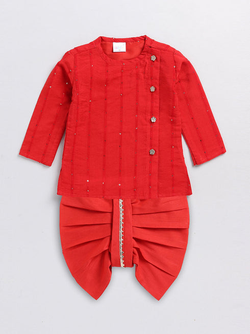 Vastramay SISHU Boy's Red Embellished Angrakha Kurta Dhoti Set