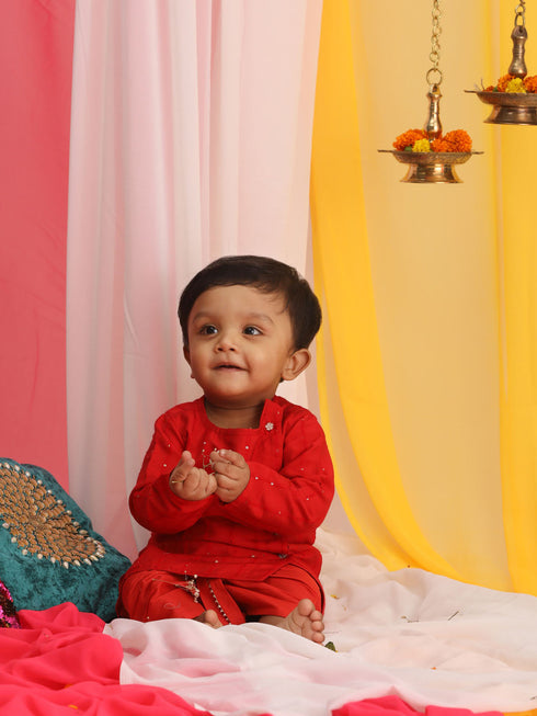 Vastramay SISHU Boy's Red Embellished Angrakha Kurta Dhoti Set