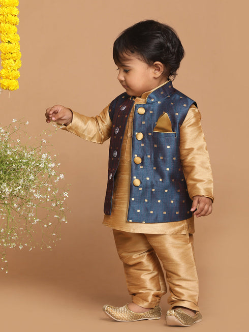 Vastramay SISHU Boy's Gold-Toned & Blue Color Woven Design Nehru Jackets