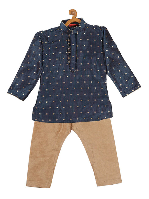 Vastramay SISHU Boy's Blue Printed Kurta with Rose Gold Pyjamas & Nehru Jacket