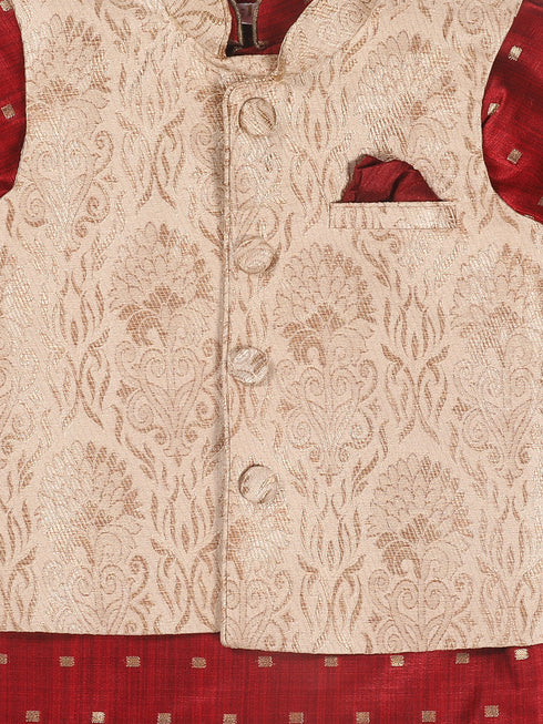 Vastramay SISHU Boy's Maroon Ethnic Motifs Woven Design Kurta with Rose Gold Pyjama And Jacket
