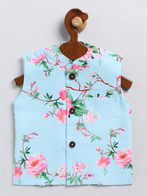 Vastramay SISHU Boy's Aqua Blue Floral Silk Blend Nehru Jacket