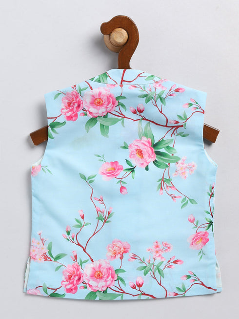 Vastramay SISHU Boy's Aqua Blue Floral Silk Blend Nehru Jacket