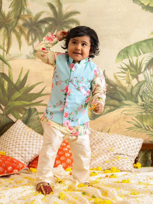 Vastramay SISHU Boy's Aqua Blue Floral Silk Blend Nehru Jacket