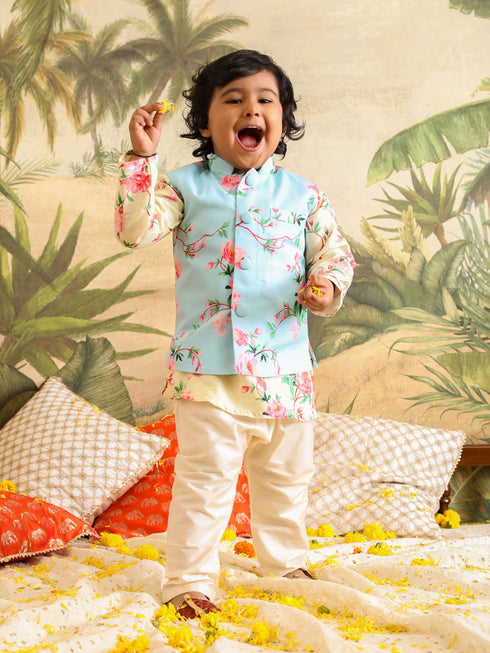 Vastramay SISHU Boys Aqua Blue Floral Printed Nehru Jacket