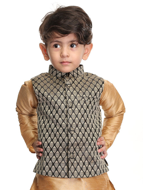 Vastramay SISHU Boy's Black and Gold Silk Blend Nehru Jacket