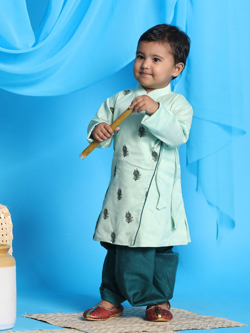 Vastramay SISHU Boy's Green Embroidered Angrakha Style Krishna Kurta and Green Dhoti Set