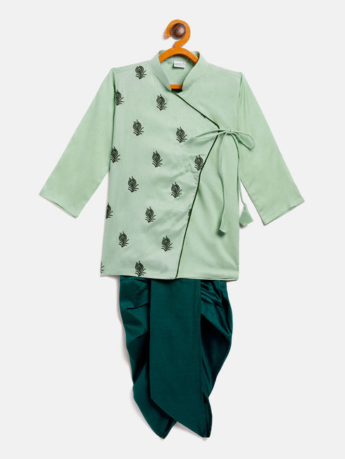 Vastramay SISHU Boy's Green Embroidered Angrakha Style Krishna Kurta and Green Dhoti Set