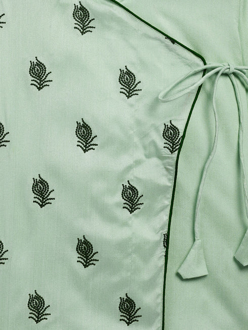 Vastramay SISHU Boy's Green Embroidered Angrakha Style Krishna Kurta and Green Dhoti Set