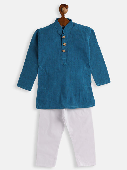 Vastramay SISHU Boy's Aqua Blue and White Pure Cotton Kurta Pyjama Set