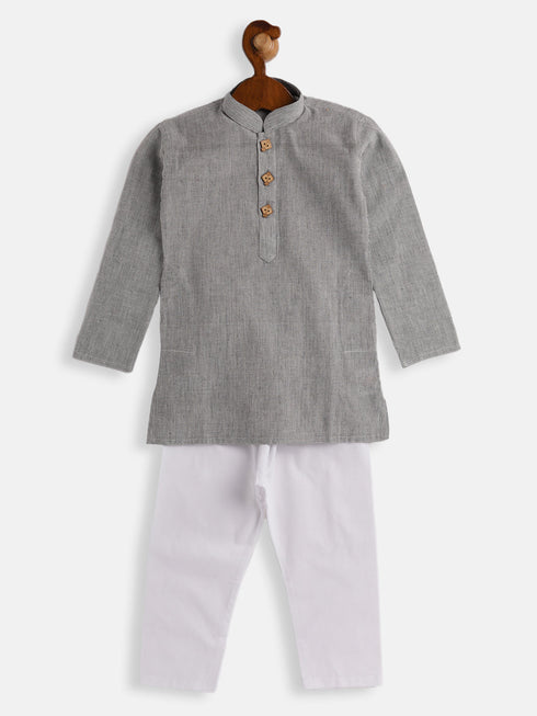 Vastramay SISHU Boys Grey and White Pure Cotton Kurta Pyjama Set
