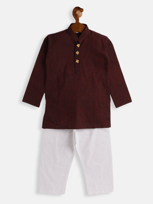 Vastramay SISHU Boys Maroon And White Pure Cotton Kurta Pyjama Set