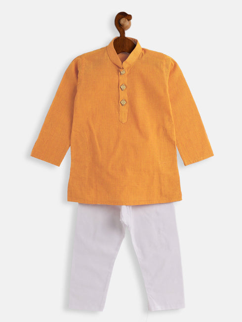 Vastramay SISHU Boys Yellow and White Pure Cotton Kurta Pyjama Set