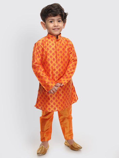 Vastramay SISHU Boy's Orange Cotton Blend Kurta Pyjama Set