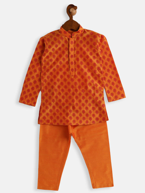 Vastramay SISHU Boy's Orange Cotton Blend Kurta Pyjama Set