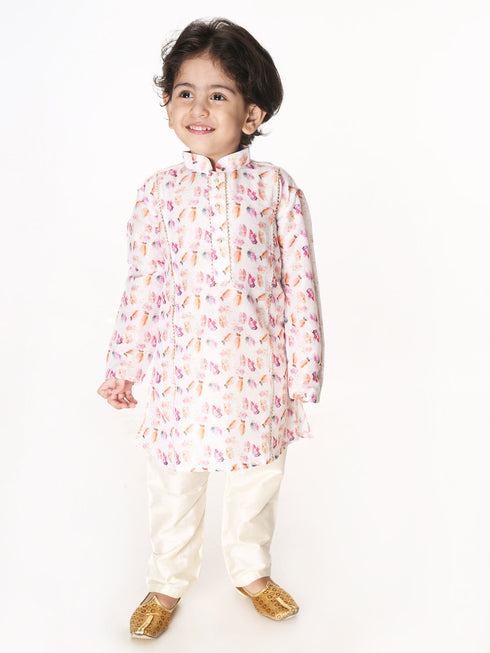 Vastramay SISHU Boys Multicolor-Base-White Cotton Blend Kurta Pyjama Set