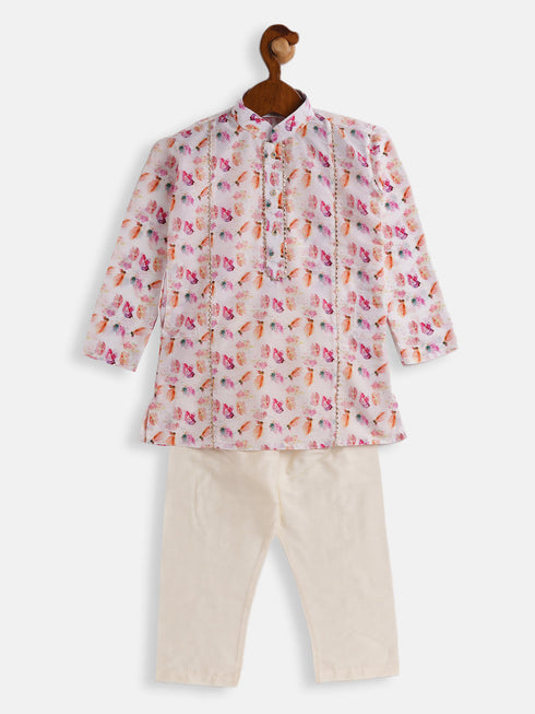 Vastramay SISHU Boys Multicolor-Base-White Cotton Blend Kurta Pyjama Set