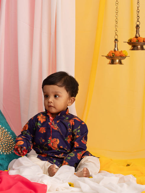 Vastramay SISHU Boy's Multicolor-Base-Navy Blue Kurta and Pyjama Set With Leheria Border