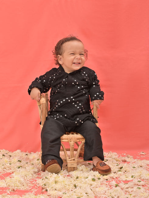 Vastramay SISHU Boy's Black Mirror Work Kurta Pyjama Set