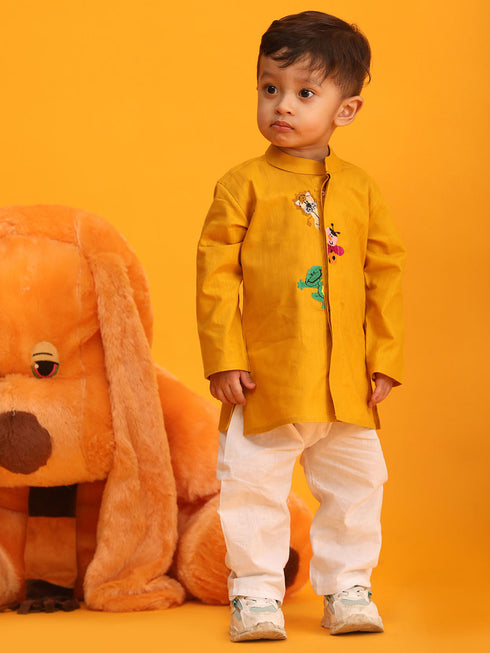 Vastramay SISHU Boy's Mustard and White Cotton Kurta Pyjama Set