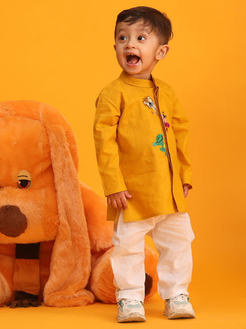 Vastramay SISHU Boy's Mustard and White Cotton Kurta Pyjama Set