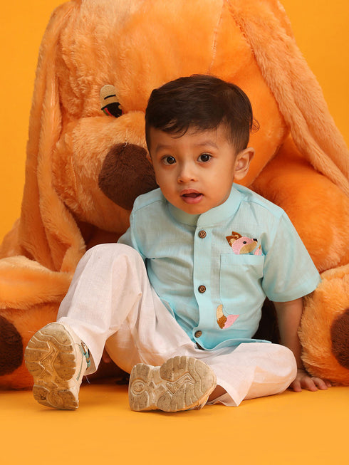 Vastramay SISHU Boy's Aqua Blue and White Embroidered Cotton Kurta Pyjama Set