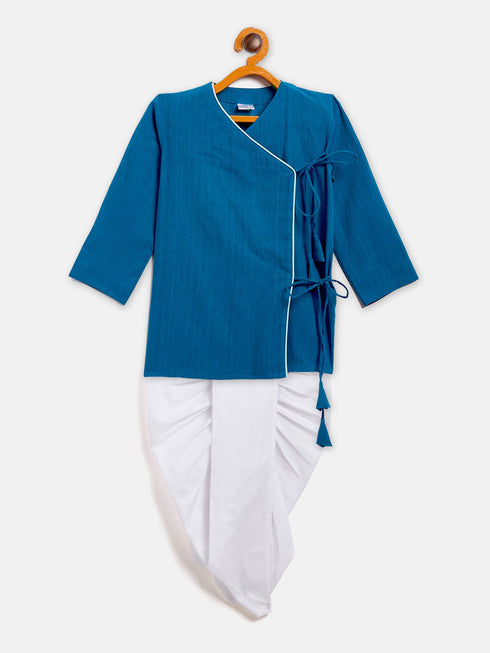 Vastramay SISHU Boy's Blue Angrakha Style Krishna Kurta and White Dhoti Set