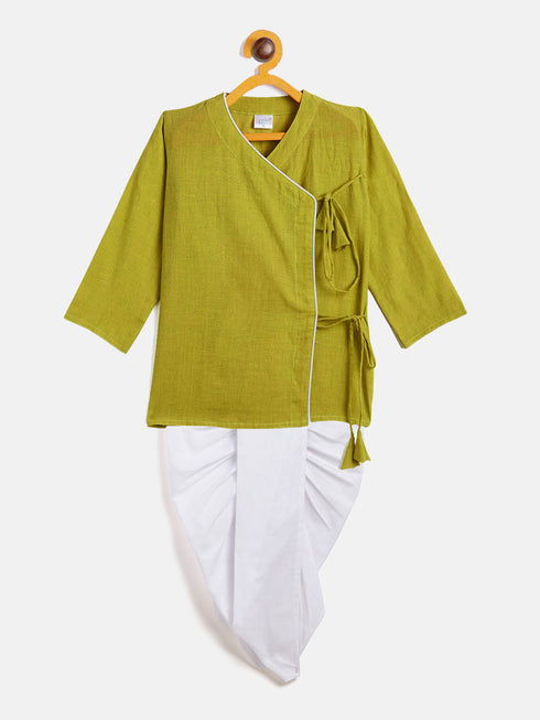 Vastramay SISHU Boy's Green Angrakha Style Krishna Kurta and White Dhoti Set