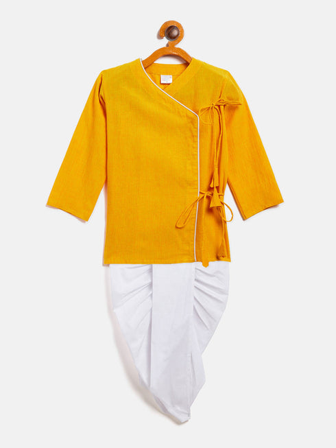 Vastramay SISHU Boy's Mustard Angrakha Style Krishna Kurta and White Dhoti Set