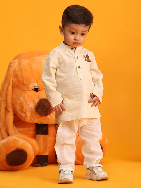 Vastramay SISHU Boy's Beige and White Embroidered Cotton Kurta Pyjama Set