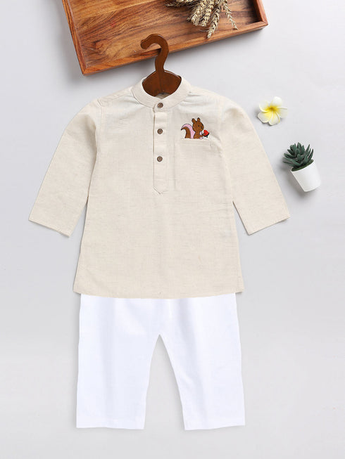 Vastramay SISHU Boy's Beige and White Embroidered Cotton Kurta Pyjama Set