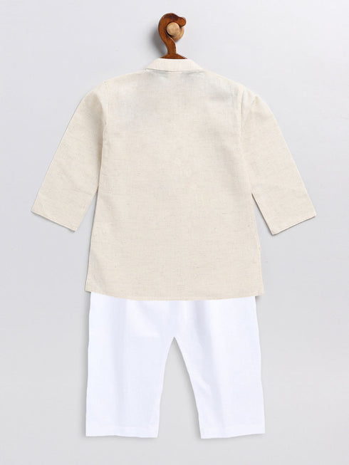 Vastramay SISHU Boy's Beige and White Embroidered Cotton Kurta Pyjama Set