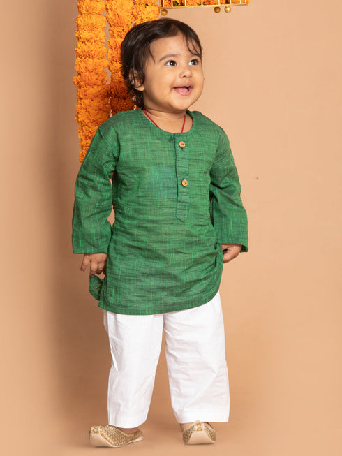 Vastramay SISHU Boys' Green Cotton Kurta and White Pyjama Set