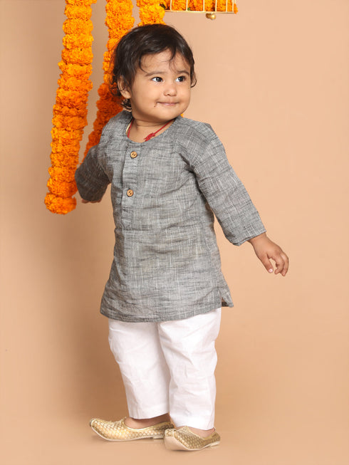 Vastramay SISHU Boys' Grey Cotton Kurta and White Pyjama Set