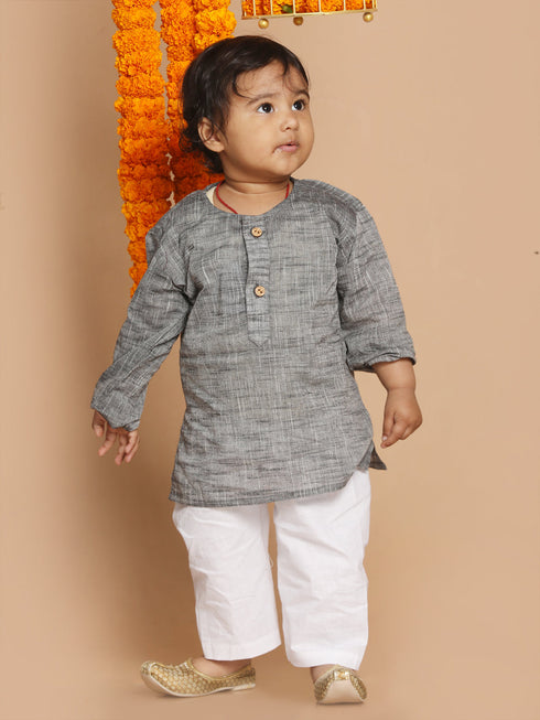 Vastramay SISHU Boys' Grey Cotton Kurta and White Pyjama Set