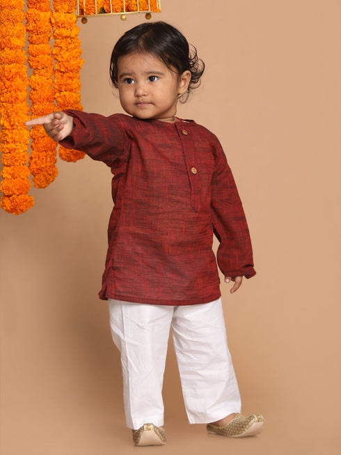 Vastramay SISHU Boys' Maroon Cotton Kurta and White Pyjama Set