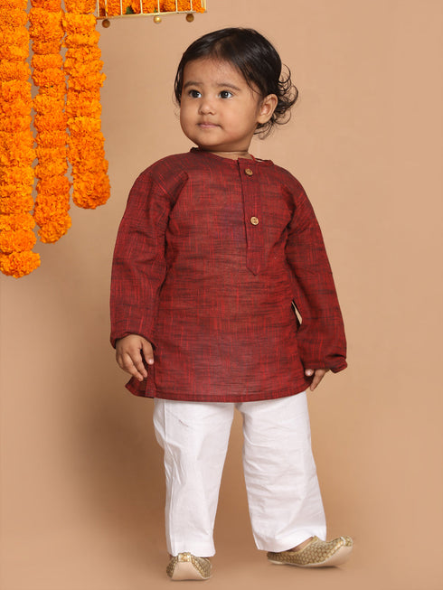 Vastramay SISHU Boys' Maroon Cotton Kurta and White Pyjama Set