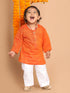 Vastramay SISHU Boys' Orange Cotton Kurta and White Pyjama Set