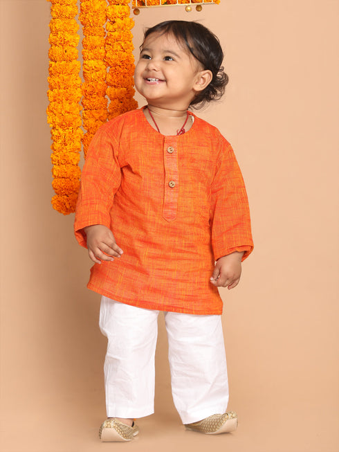 Vastramay SISHU Boys' Orange Cotton Kurta and White Pyjama Set