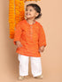 Vastramay SISHU Boys' Orange Cotton Kurta and White Pyjama Set