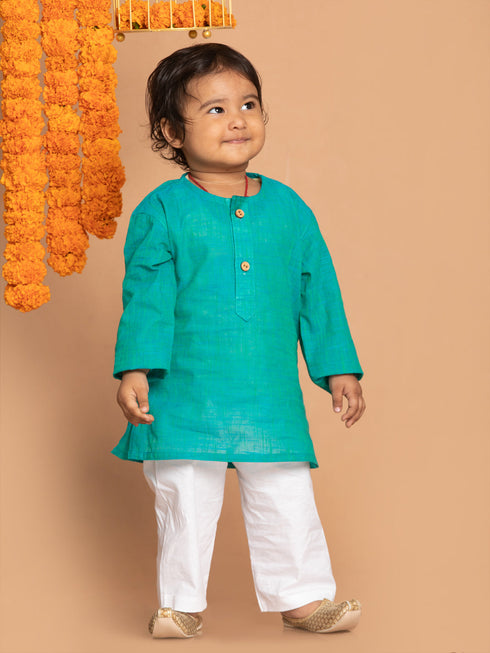 Vastramay SISHU Boys' Turquoise Blue Cotton Kurta and White Pyjama Set