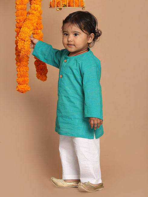 Vastramay SISHU Boys' Turquoise Blue Cotton Kurta and White Pyjama Set